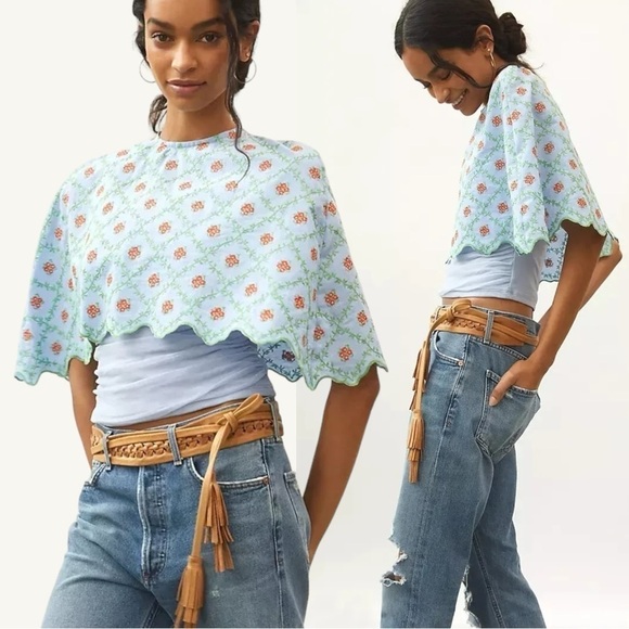 Anthropologie Jackets & Blazers - Anthropologie Faraway Floral Embroidered Cape Collar One Size Cottage Dainty